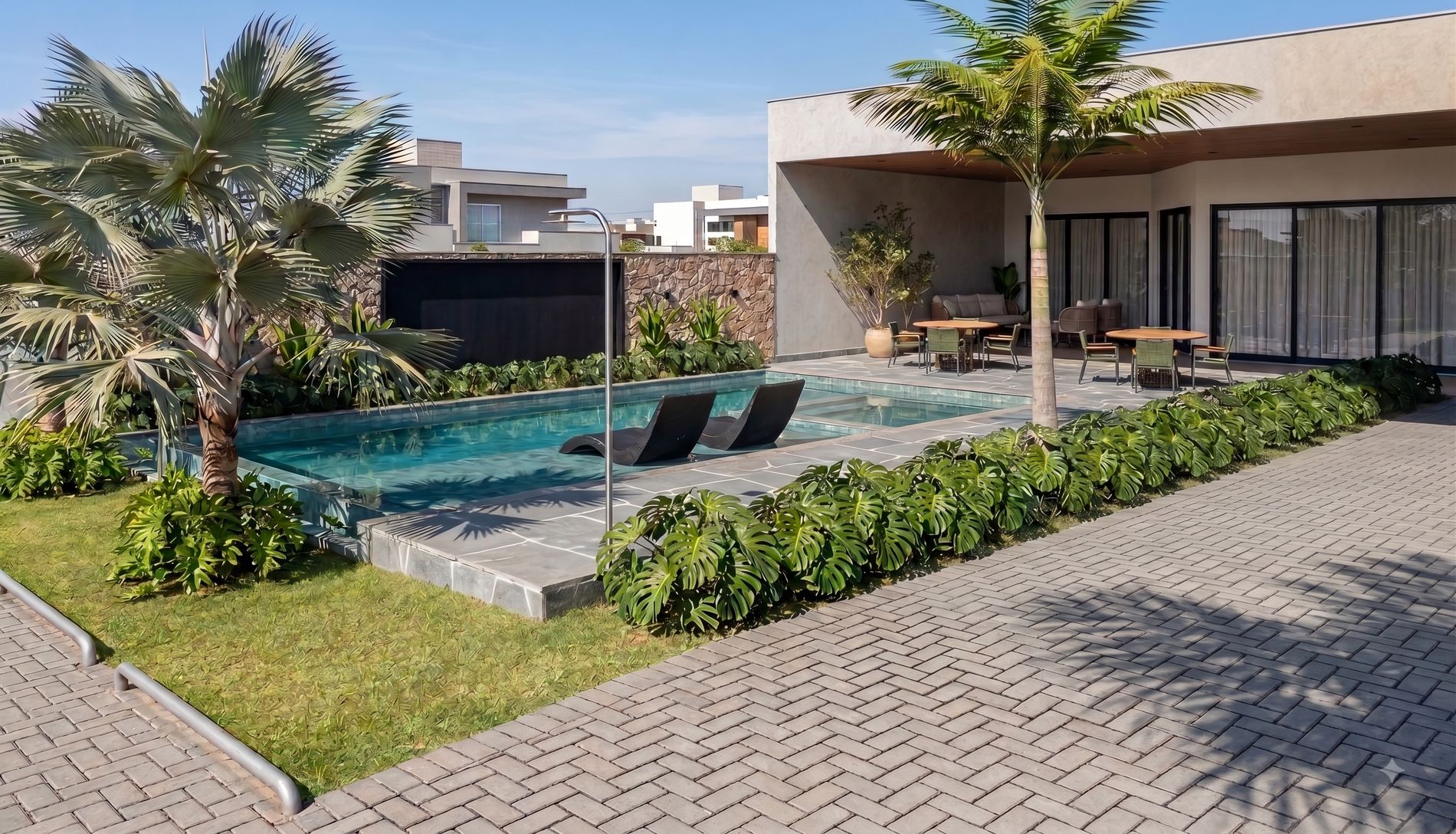 Área externa de residência projetada pela CJ Arquitetos, com piscina, deck em pedra e paisagismo tropical